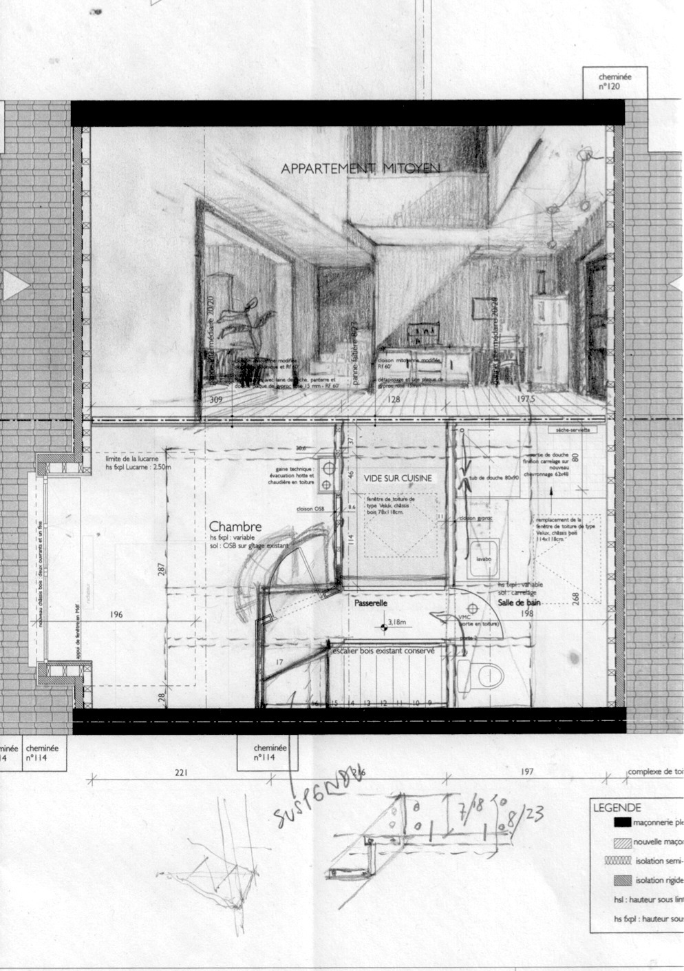 plan informatique du projet avec une perspective au crayon dessinée par dessus