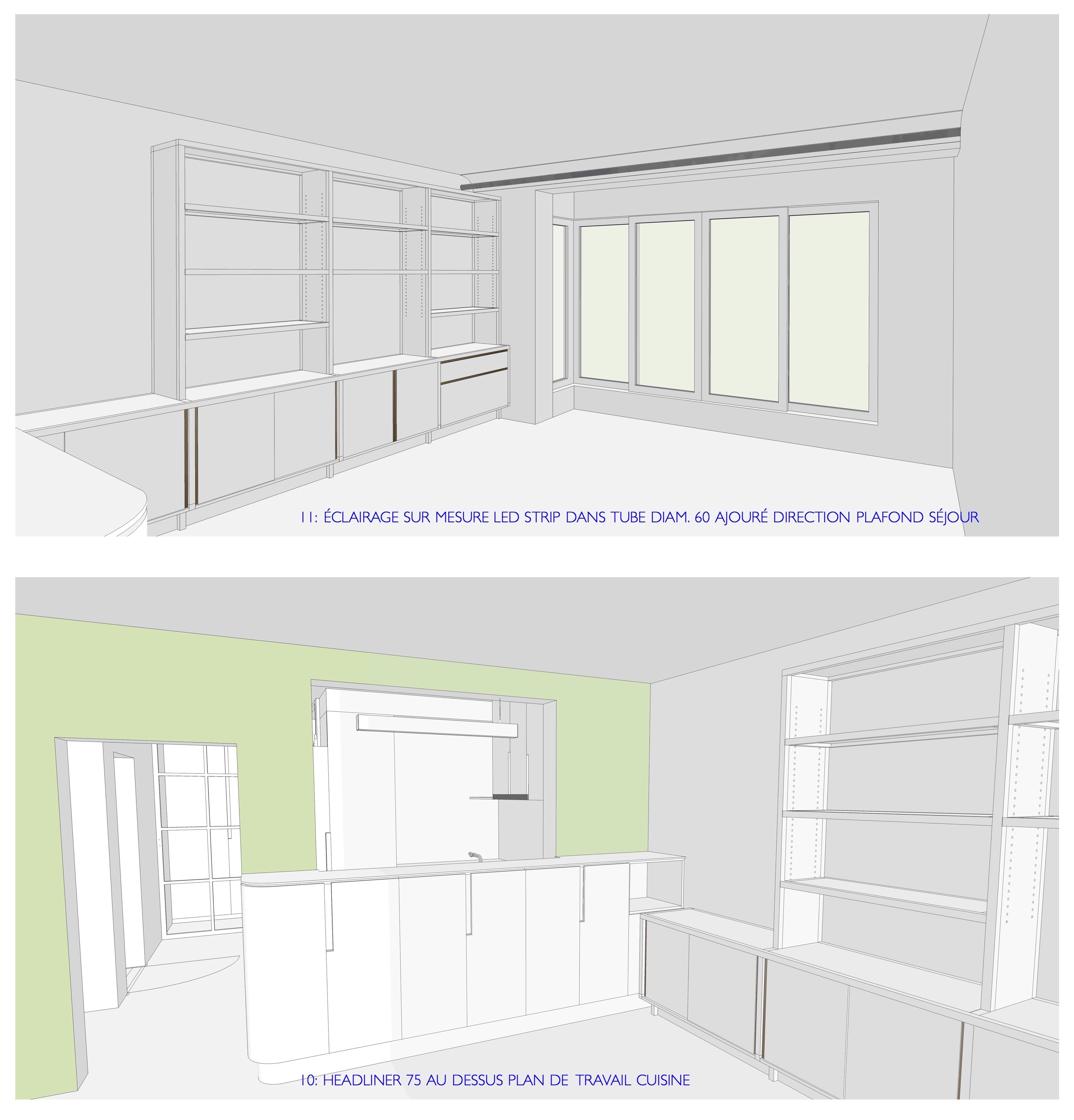 deux vues 3D : depuis le hall vers le salon et inversement