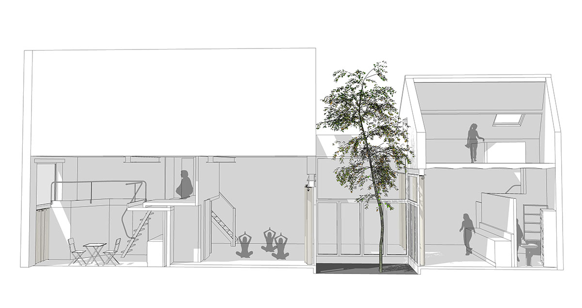 vue en 3D / coupe longitudinale du bâtiment