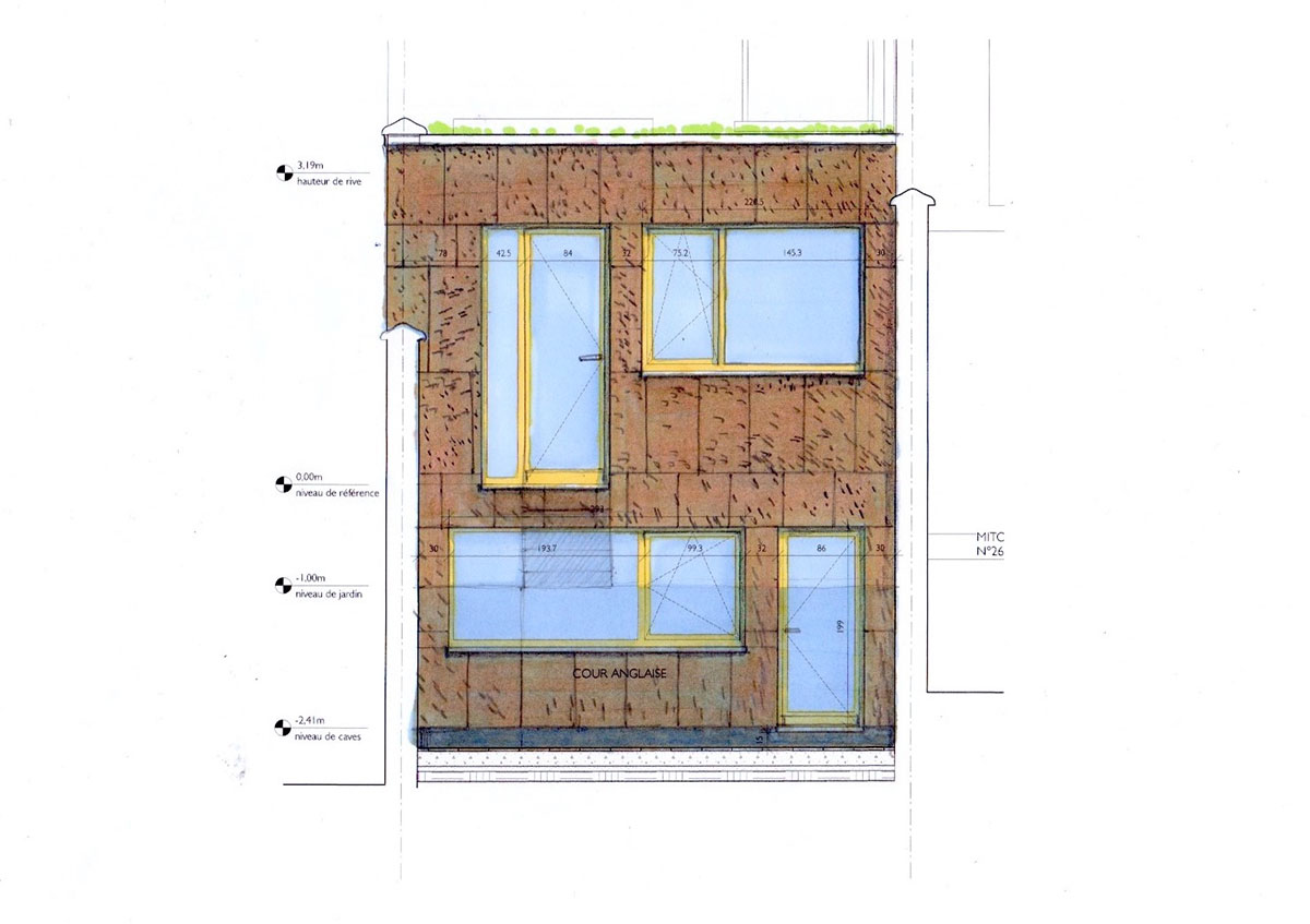 élevation de la façade de l'annexe arrière rehaussée de couleurs sur le matériaux : liège de parement, menuiseries en bois