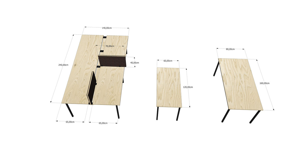 3D des trois types de bureaux sur mesure