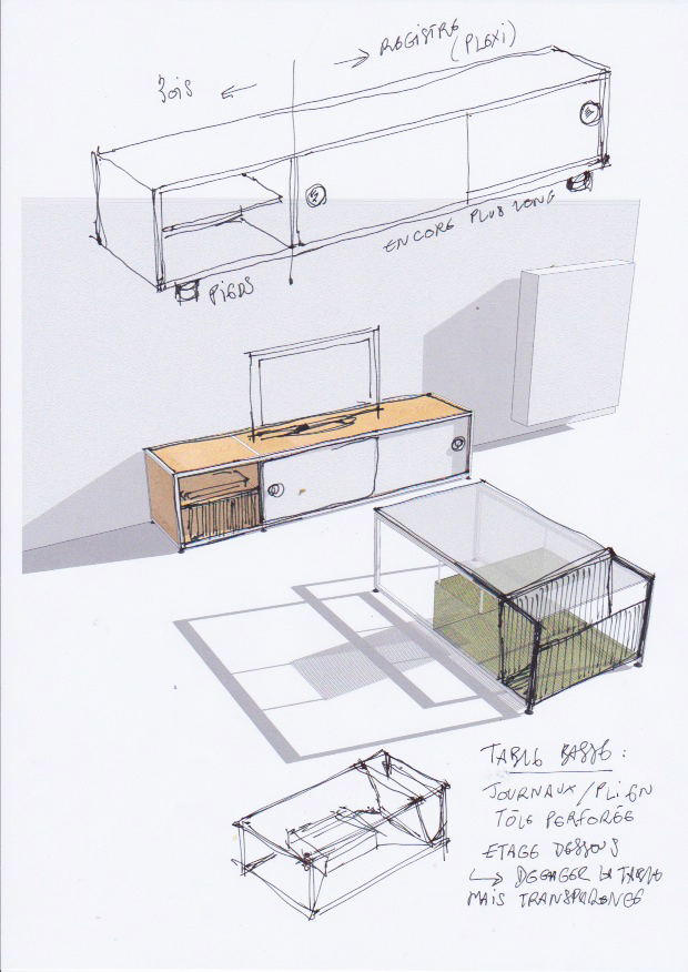 vue 3D et dessin à main levée du coin tv