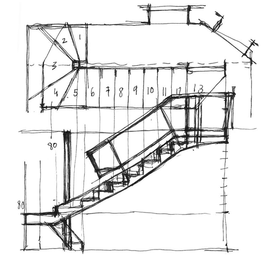 plan et coupe à main levée de l'escalier