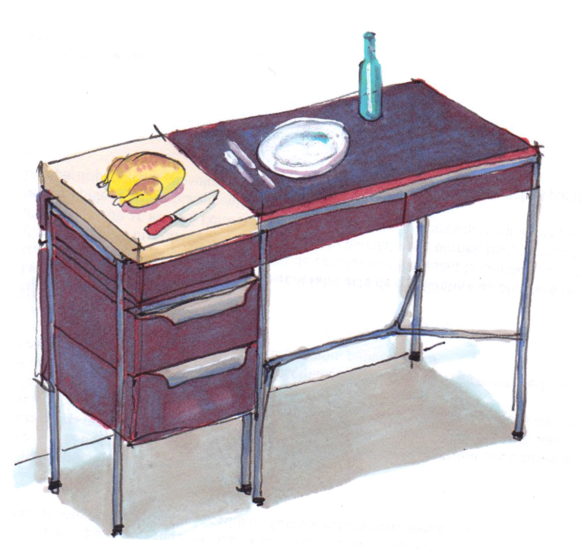 dessin à main levée des deux tables assemblées rehaussé de couleurs