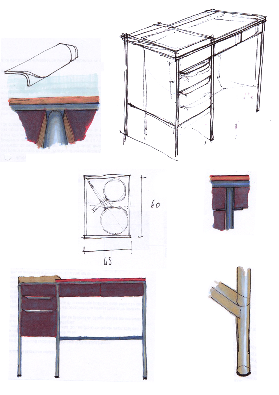 détails à main levée des deux tables assemblées rehaussé de couleurs