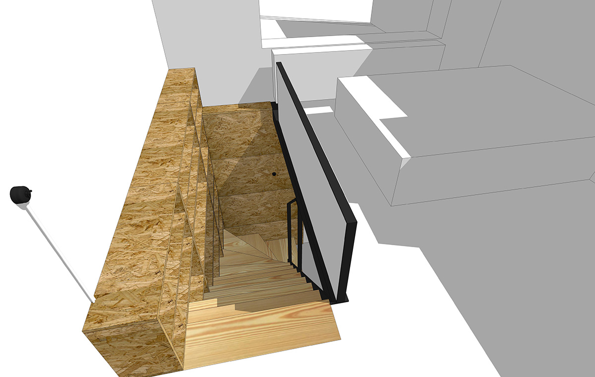 vue 3D du départ de l'escalier dans la chambre