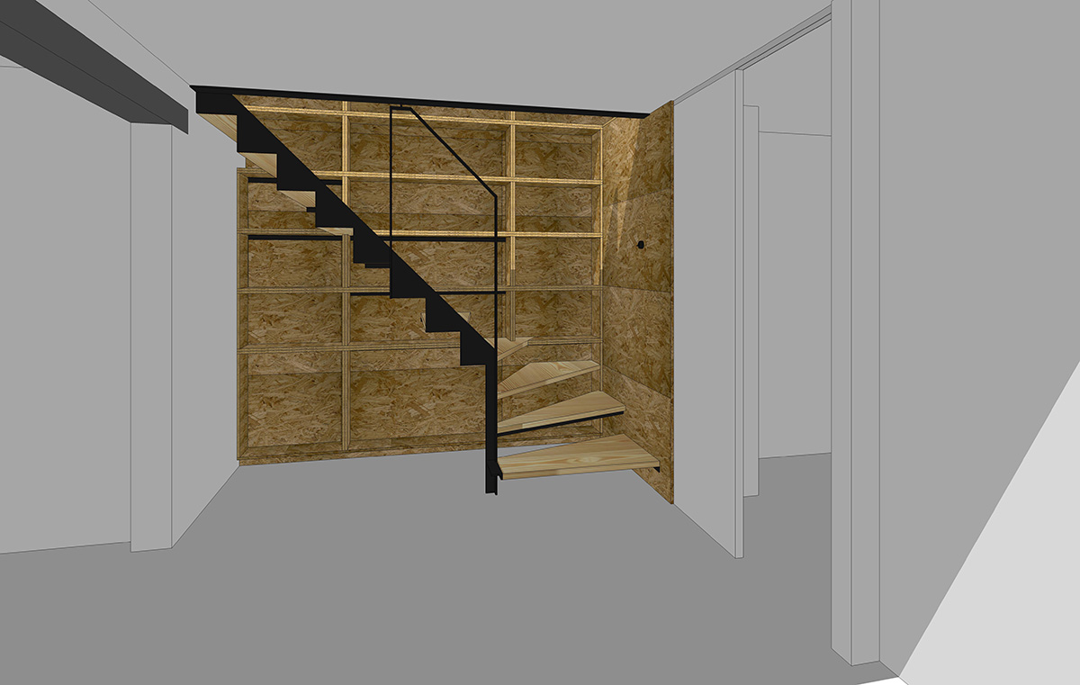 vue 3D de l'arrivée de l'escalier dans l'entresol